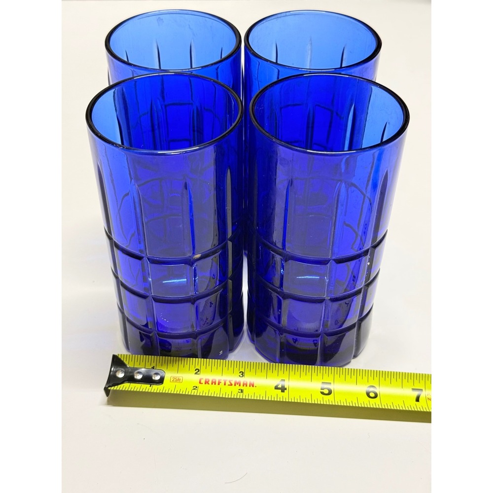 Anchor Hocking Cobalt Blue Glass Tumblers Set of 4 Grid Highball Glasses 6in
